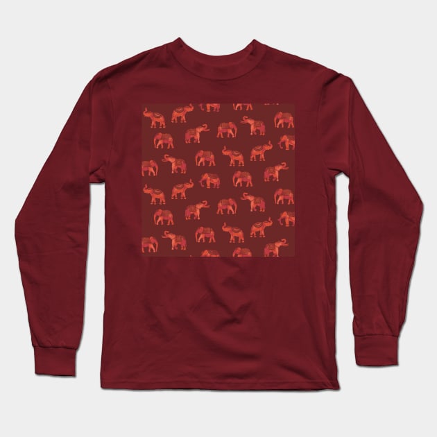 Dark Red Indian Elephants Long Sleeve T-Shirt by Carolina Díaz